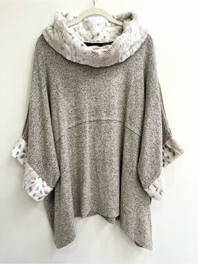 Ali Miles knit faux fur poncho oversized relaxed fit tan white plus size 1X